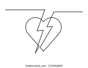 Kontinuierliche Linienzeichnung des Herzens schlägt durch Blitz auf weißem Hintergrund. Vektorillustration. 