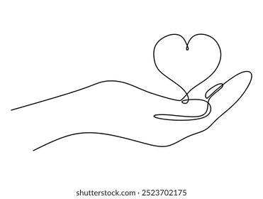 Continuous line drawing of a heart symbol above a hand. Illustrating love and compassion. Vector illustration.