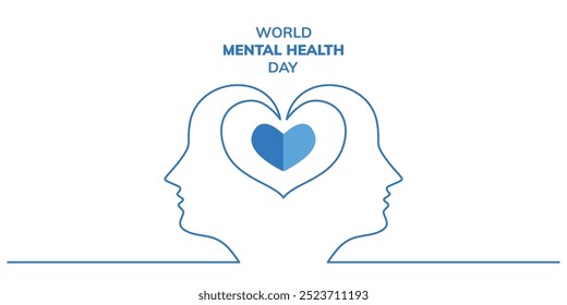 Desenho em linha contínua de um símbolo de coração dentro de duas cabeças para um cartaz do Dia Mundial da Saúde Mental. Mensagem simples e poderosa para a conscientização da saúde mental. Ilustração vetorial.