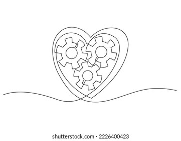Kontinuierliche Linienzeichnung des Herzens mit drei Gängen innen. Mechanische Silhouette des menschlichen Herzens. 
Vektorgrafik.