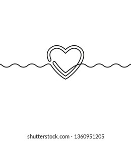 Continuous line drawing of heart and wavy line, Black and white vector minimalist illustration of love concept made of one line