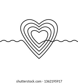 Continuous line drawing of heart and wavy line, Black and white vector minimalist illustration of love concept made of one line