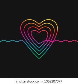 Dibujo continuo de línea de corazón y línea ondulada, colores arcoiris sobre fondo negro vector ilustración lineal minimalista del concepto de amor hecho de una línea