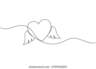 Dibujo de línea continua de un corazón con alas, que representa el amor, la libertad y la pasión.