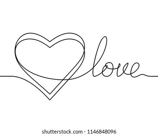 Continuous line drawing of heart and word LOVE, Black and white vector minimalist illustration of love concept made of one line