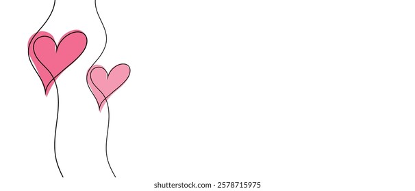 Continuous line drawing of heart and words. Vector illustration. One single line drawing of love concept cute heart shaped for greeting card. Romantic symbol for wedding invitation, Valentine's Day.