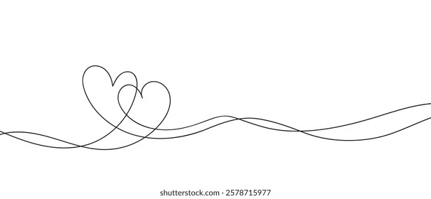 Continuous line drawing of heart and words. Vector illustration. One single line drawing of love concept cute heart shaped for greeting card. Romantic symbol for wedding invitation, Valentine's Day.