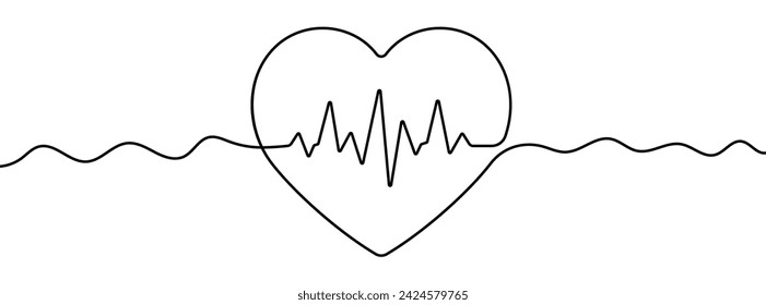 Continuous line drawing of heartbeat or pulse. One line drawing background. Vector illustration. Single line cardiogram icon.