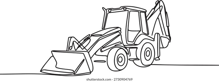Continuous line drawing of heavy construction machinery backhoe loader simple vector illustration representing industry engineering and groundwork vehicle features large wheels front bucket and rear excavator arm equipment used for digging moving earth and building projects