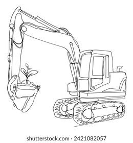 Continuous Line Drawing Heavy Work Equipment Excavator. Technology Minimalist Concept.  Illustration Icon Vector