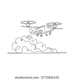 continuous line drawing of helicopter above clouds