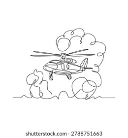 Continuous line drawing of a helicopter flying amongst swirling clouds