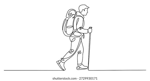 Continuous line drawing of a hiker with a backpack and trekking pole walking forward Vector, illustration