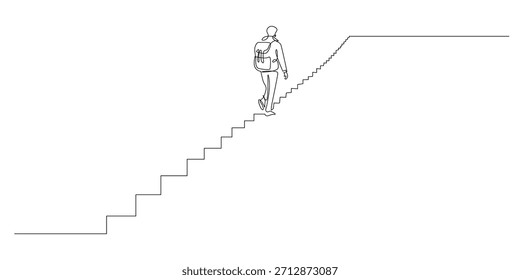 Dibujo de línea continuo de un excursionista que sube una larga escalera hacia un camino elevado mientras lleva una mochila. Ilustración de una sola línea que simboliza el progreso, la ambición, la persistencia y el crecimiento personal.