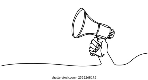 Continuous line drawing Holding by hand megaphone Speaker Single Line Icon vector illustrations, One line hand with megaphone. Person hold loudspeaker in continuous lines style. Symbol of sale