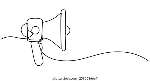 Continuous line drawing Holding by hand megaphone Speaker Single Line Icon vector illustrations, One line hand with megaphone. Person hold loudspeaker in continuous lines style. Symbol of sale.
