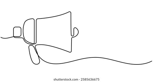 Continuous line drawing Holding by hand megaphone Speaker Single Line Icon vector illustrations, One line hand with megaphone. Person hold loudspeaker in continuous lines style. Symbol of sale.