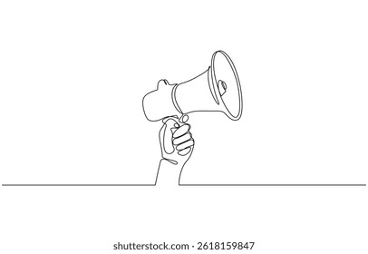 Continuous line drawing Holding by hand megaphone Speaker, One continuous single line drawing of hand hold a speaker megaphone isolated, Outline style Vector illustration.