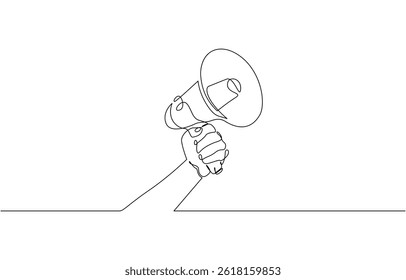 Continuous line drawing Holding by hand megaphone Speaker, One continuous single line drawing of hand hold a speaker megaphone isolated, Outline style Vector illustration.