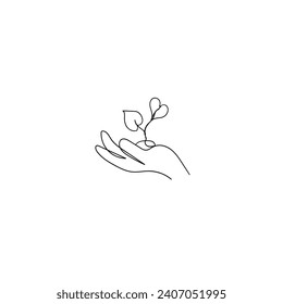 Continuous Line Drawing holding Hand Plant. Illustration Icon Vector