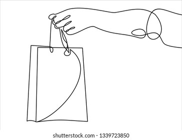 Continuous Line Drawing Of Holding Shopping Bag. Vector Illustration. 