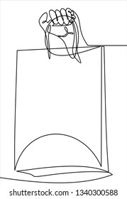continuous line drawing of holding shopping bag. vector illustration. 