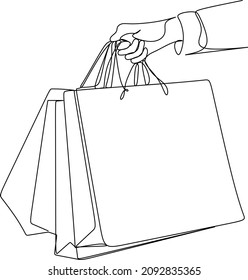 continuous line drawing of holding shopping bag. vector illustration.