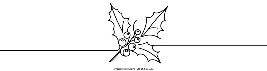 Dibujo de líneas continuas de bayas de acebo y hojas creando una Imagen festiva para proyectos navideños. Ilustración vectorial.