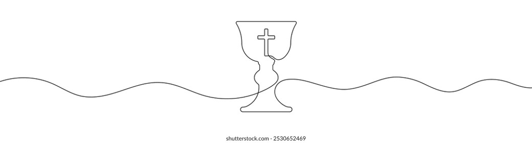 Desenho de linha contínua do Santo Graal com cruz. Copo de comunhão da Igreja. Desenho de uma linha. Ilustração em vetor de arte de linha única.