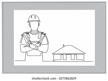
continuous line drawing home building engineer simple construction supervision vector illustration.industrial
