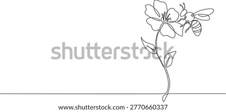 continuous line drawing of honey bee on flower, line art vector illustration