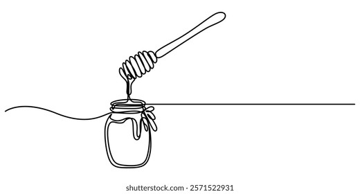 A continuous line drawing of a honey jar with a dipper, Vector continuous one single line drawing of honey on dipper in silhouette on a white background. Linear stylized. honey  