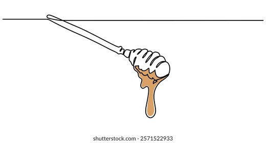 A continuous line drawing of a honey jar with a dipper, Vector continuous one single line drawing of honey on dipper in silhouette on a white background. Linear stylized. honey  