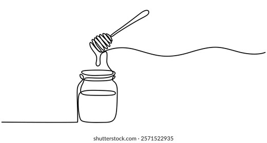 A continuous line drawing of a honey jar with a dipper, Vector continuous one single line drawing of honey on dipper in silhouette on a white background. Linear stylized. honey  