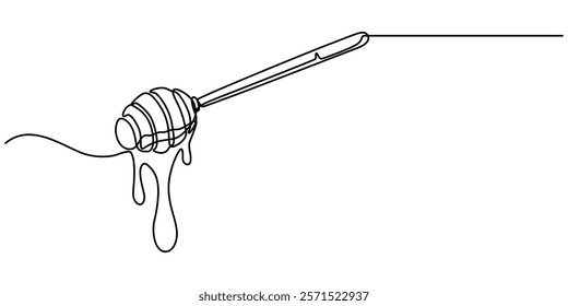 A continuous line drawing of a honey jar with a dipper, Vector continuous one single line drawing of honey on dipper in silhouette on a white background. Linear stylized. honey  