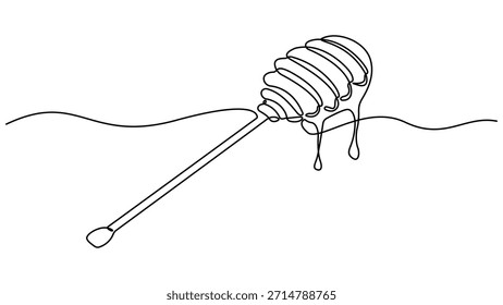 Dibujo de línea continua de un tarro de miel con un cucharón, Vector de dibujo de línea continua Dibujo de línea continua de una sola línea de miel en un cucharón en silueta sobre un fondo blanco. Lineal estilizado.