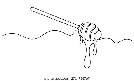 Dibujo de línea continua de un tarro de miel con un cucharón, Vector de dibujo de línea continua Dibujo de línea continua de una sola línea de miel en un cucharón en silueta sobre un fondo blanco. Lineal estilizado.