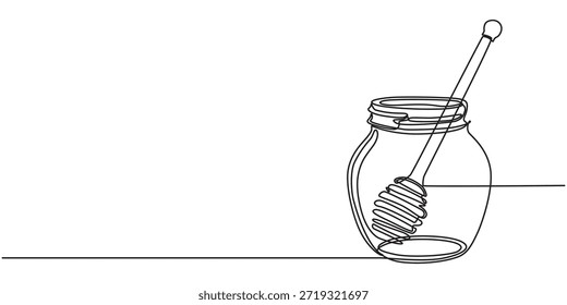 Eine durchgehende Linie Zeichnung eines Honigglases mit einem Dipper, Vector durchgehende eine Linie Zeichnung von Honig auf Dipper in Silhouette auf weißem Hintergrund. Linear stilisiert. Honigglas, pro