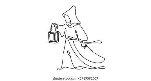 Desenho de linha contínua de uma figura encapuzada segurando uma lanterna, estilo de arte minimalista Vetor, ilustração