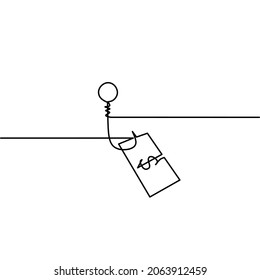 Continuous line drawing of hook money, dollar money fishing, business, finance dollar bills, object one line, single line art, vector illustration