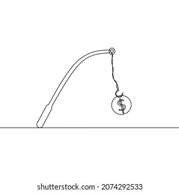 Dibujo continuo de línea de gancho, moneda en dólares, cambio pequeño, pesca de dinero en dólares, negocios, billetes en dólares de finanzas, objeto de una línea, arte de una sola línea, dibujado a mano, ilustración vectorial