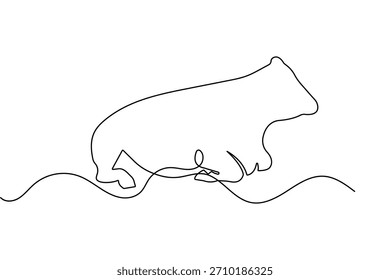 Desenho em linha contínua de um gado com chifres que repousa sobre um vetor mínimo de fundo branco