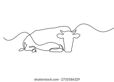 Desenho em linha contínua de um gado com chifres que repousa sobre um vetor mínimo de fundo branco