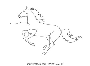 Caballo de dibujo de línea continua corriendo, vista lateral concepto de diseño decorativo lineal único. Caballo lineal estilo minimalista, dibujado a mano aislado sobre fondo blanco. Ilustración de diseño vectorial.