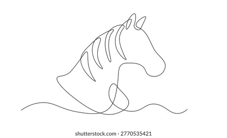 Continuous line drawing of a horse, zebra head profile, minimalist animal illustration, simple black sketch on white, wild nature concept