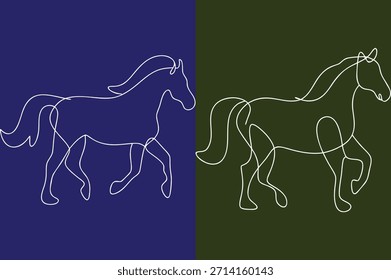 Continuous line drawing of horses in motion on colored backgrounds