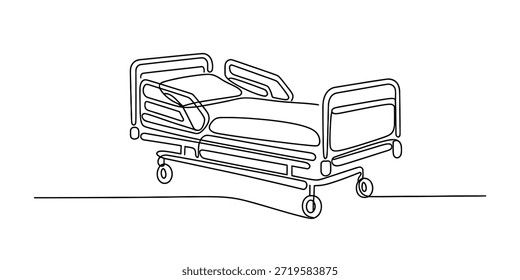 Desenho de linha contínua de uma cama de hospital simbolizando assistência médica e recuperação Vetor, ilustração