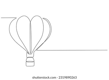 Continuous line drawing of hot air balloon in sky with heart shape. heart shape hot air balloon icon in single line doodle style. One line design, hot air balloon in the sky with clouds background