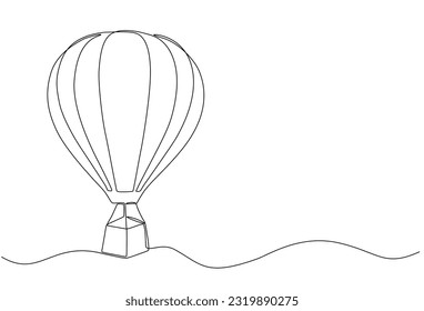 Continuous line drawing of hot air balloon in sky with clouds. hot air balloon icon in single line doodle style.One line design, hot air balloon in the sky with clouds background