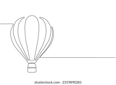 Continuous line drawing of hot air balloon in sky with clouds. hot air balloon icon in single line doodle style.One line design, hot air balloon in the sky with clouds background